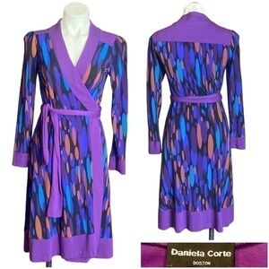 VTG DANIELA CORTE faux wrap dress jersey purple kaleidoscope mod psychedelic S
